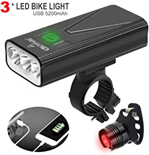 EBUYFIRE Luz Bicicleta Recargable USB-luz Delantera Bicicleta 3000 Lumenes Super Brillante 3LED-Y una Luz Trasera-3 Modo 5200mAh-Apto para Todas Las Bicicletas.