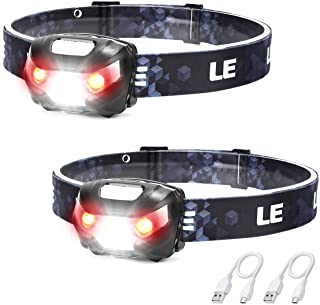 Lighting EVER Linterna Frontal USB Recargable- 5 Modos de Luz- con Luz Roja- Ligera Elastica- para Ciclismo- Running- Correr- Deporte Nocturno- Pack de 2