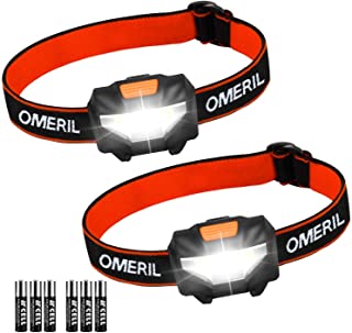 OMERIL Linterna Frontal LED (2 Pack)- Super Brillante Linterna Cabeza (6 Pilas AAA Incluidas)- 3 Modos de Luz- Impermeable Mini Frontal LED para Correr- Camping- Acampar- Pesca- Carrera- Ninos